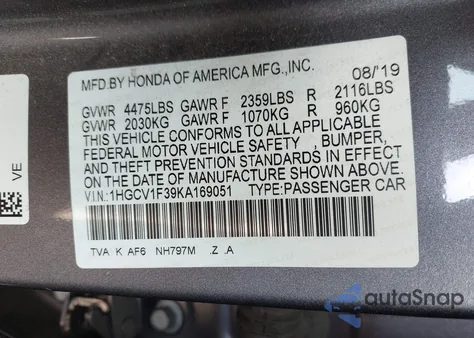 2019 Honda Accord Sport z USA, uszkodzony, nr VIN 1HGCV1F39KA169051